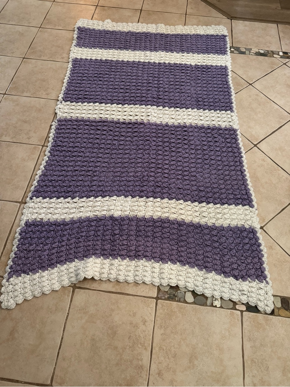 Handmade Crochet Afghan Throw Blanket Lavender Purple & Cream Chunky Textured Sc